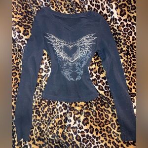 Black Long Sleeve crop Top with Winged Heart Design